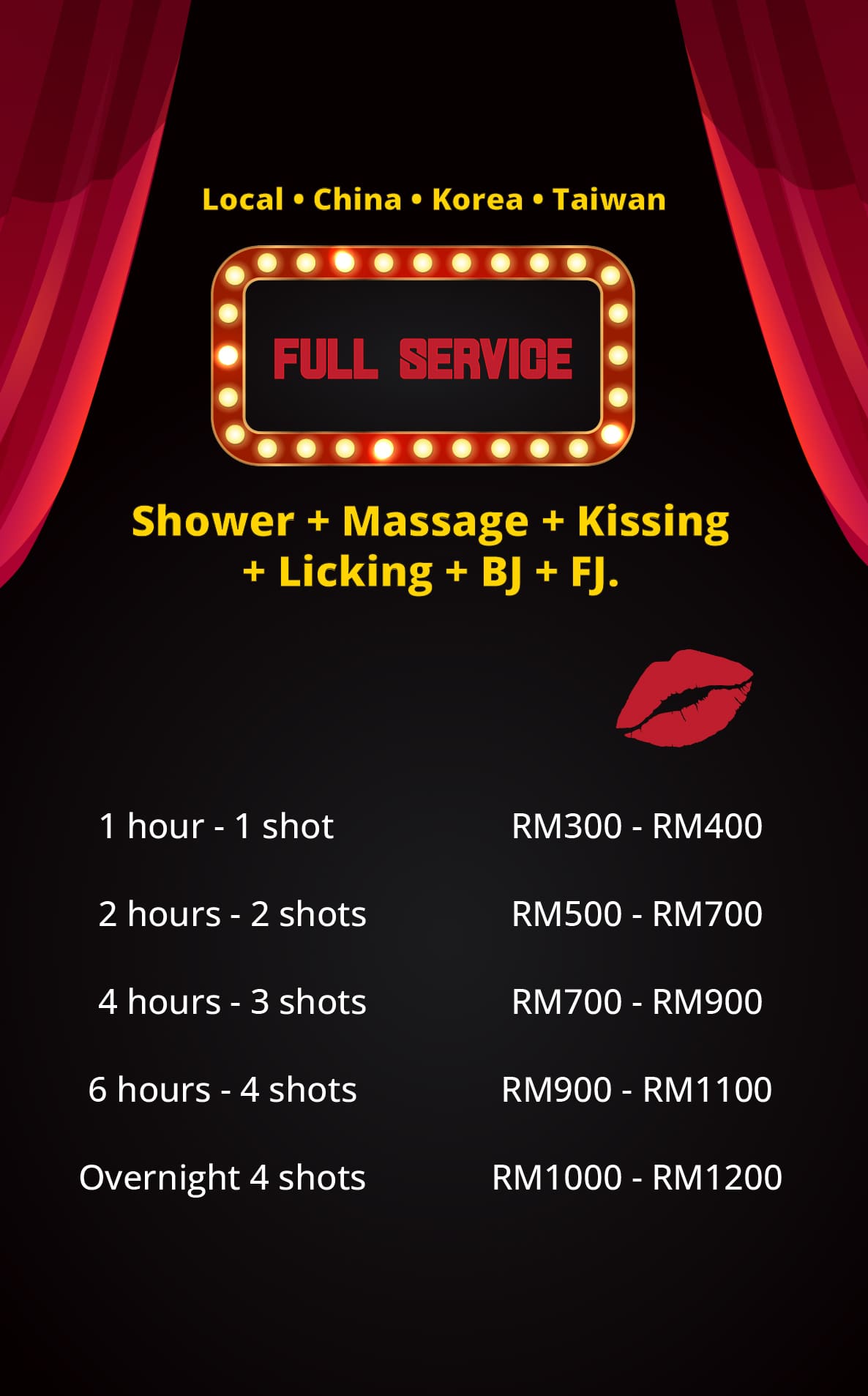 KissB2B Price list of Local, China, Korea and Taiwan. Full service is 1 hour around RM400